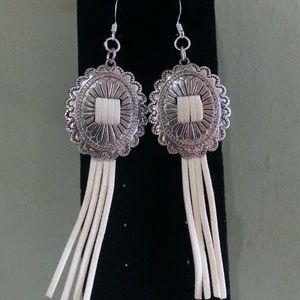 Silver buckle white fringe earrings